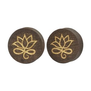 Plugs en bois d'acajou avec une fleur de lotus dorée - vendus en paire