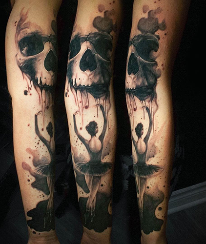 grey softly shaded smokey skull tattoo and ballerina